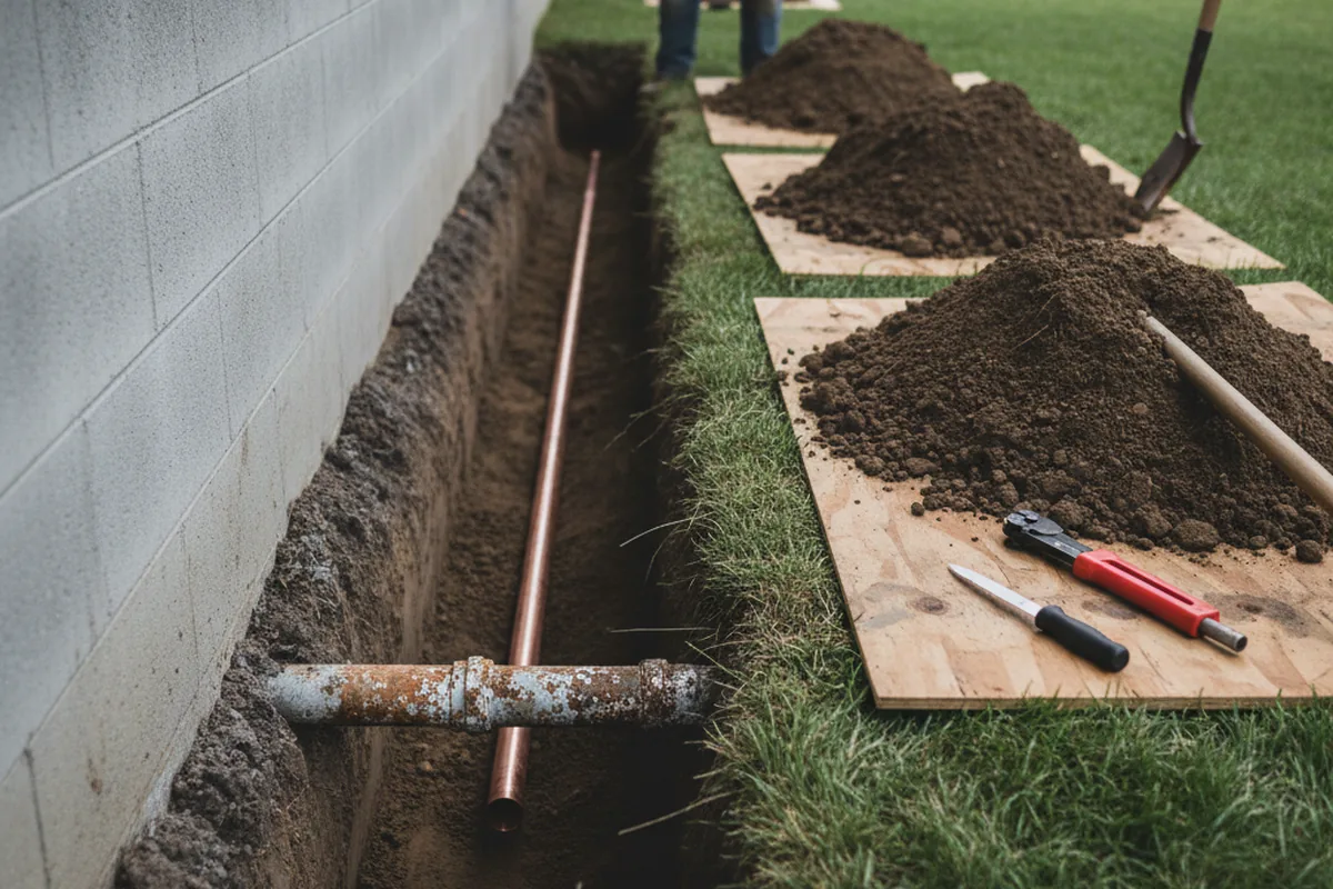 Excavated water line trench during Sewer Line Repair in Gatlinburg